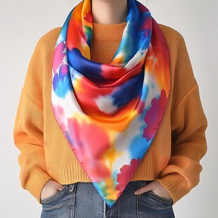 多彩印花三角丝巾时尚搭配