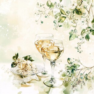 优雅酒杯与花卉静物插画