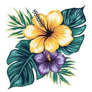 热带花卉与绿叶插画