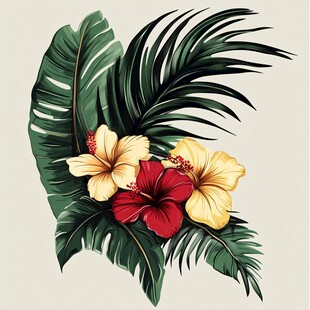 热带花卉与绿叶插画