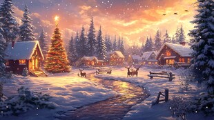 冬日温馨乡村雪景图