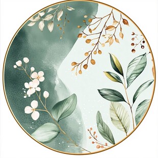 圆形绿植花卉水彩装饰画
