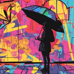 雨中撑伞赏绚丽涂鸦墙