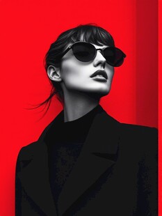 红背景下的时尚墨镜女性