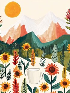 山间晨景 咖啡与烂漫花海