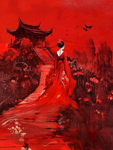 红衣佳人漫步古风景致