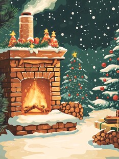 冬日壁炉旁的温馨圣诞景