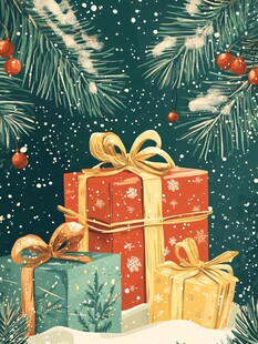 圣诞礼物置于松枝雪景中