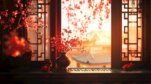 窗畔红梅映古景