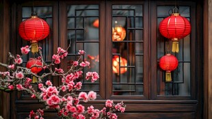 中式窗前灯笼与盛开桃花