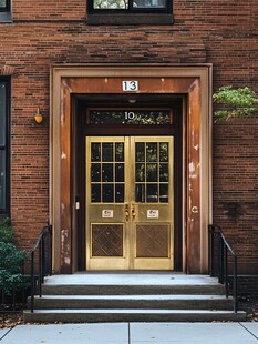 复古砖砌建筑的金色双门