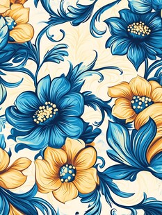 蓝黄花卉复古风无缝图案