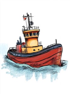 手绘红色拖船在海面航行
