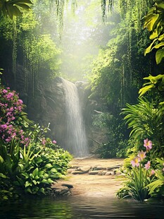梦幻丛林中的瀑布美景