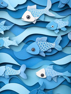蓝色纸艺风畅游鱼群图案