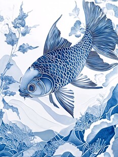 蓝调锦鲤畅游花草间