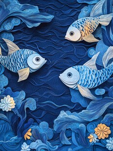 蓝色剪纸风三锦鲤水中游