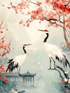 双鹤栖枝映中式美景