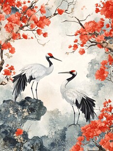 双鹤栖枝映繁花