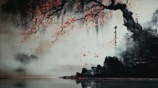 水墨红梅映江景