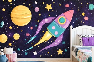 梦幻太空主题儿童房墙绘