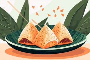 美味三角粽摆于绿叶盘上