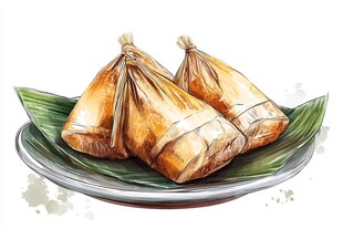 手绘美味棕子摆于盘中