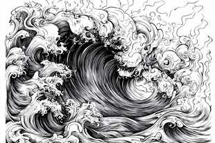 黑白海浪艺术线条插画