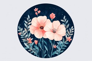 圆形花卉插画 梦幻粉色花朵