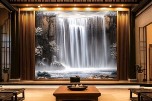 中式客厅巨幅瀑布壁画