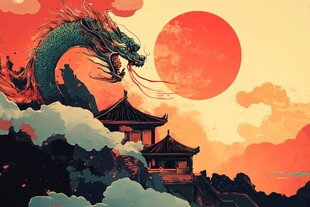 夕阳下的龙与中式古建筑