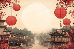 古风小镇月夜红灯盛景