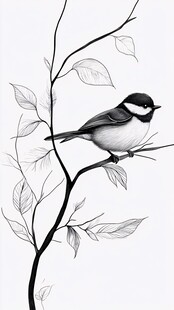 枝头小鸟黑白简约插画