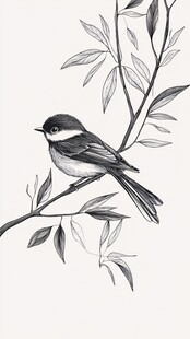 枝头小鸟黑白素描画