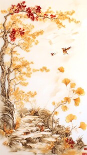 秋韵银杏景 双鸟枝头飞