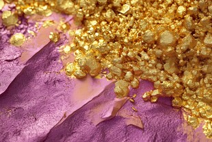 紫色背景上的璀璨金粒