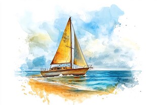 水彩绘海上航行的帆船