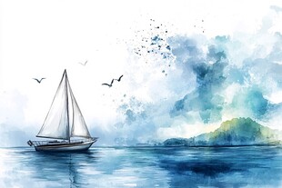 水彩绘海上帆船与飞鸟