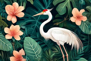 白鹭栖于繁花绿叶间