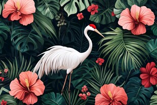 鹤立繁花绿叶间