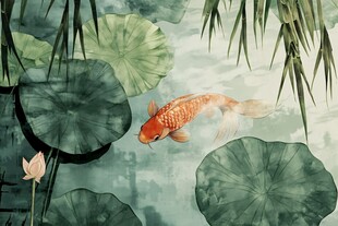 水墨荷塘中的灵动锦鲤