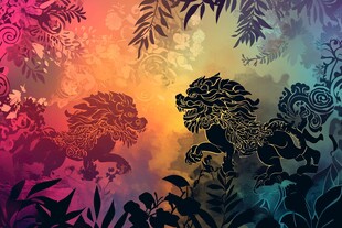 双狮于幻彩植物间的图景