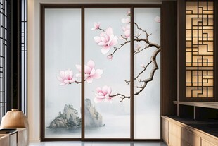 中式玉兰图案玻璃隔断门