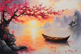 春日江畔孤舟赏景图