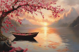 湖畔春日小船樱花美景