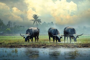 水田中悠然吃草的三头水牛