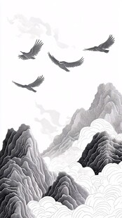 水墨山水间群鹰翱翔