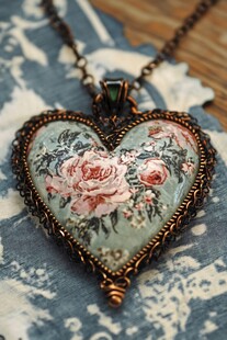 复古心形花卉图案项链