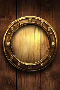 木质背景上的金色舷窗