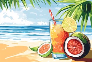 海滩上的清爽果汁与水果